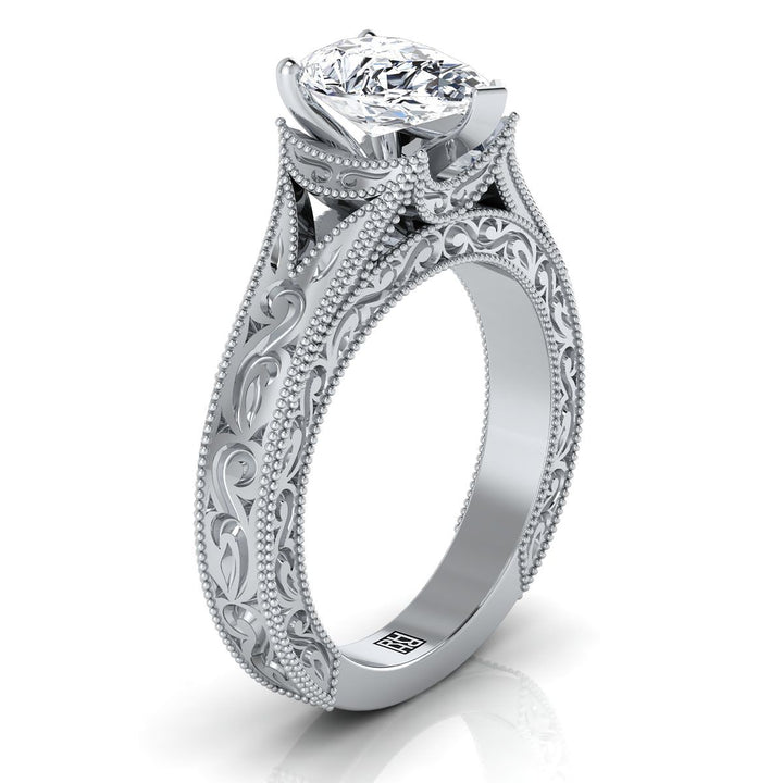 14K White Gold Pear Shape Center  Hand Engraved and Milgrain Vintage Solitaire Engagement Ring