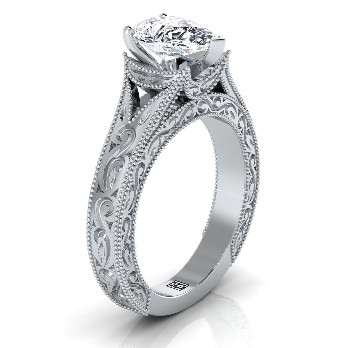 Hand-Engraved Milgrain Vintage Solitaire Pear Shape, in 18K White Gold, prong setting – side profile | RockHer