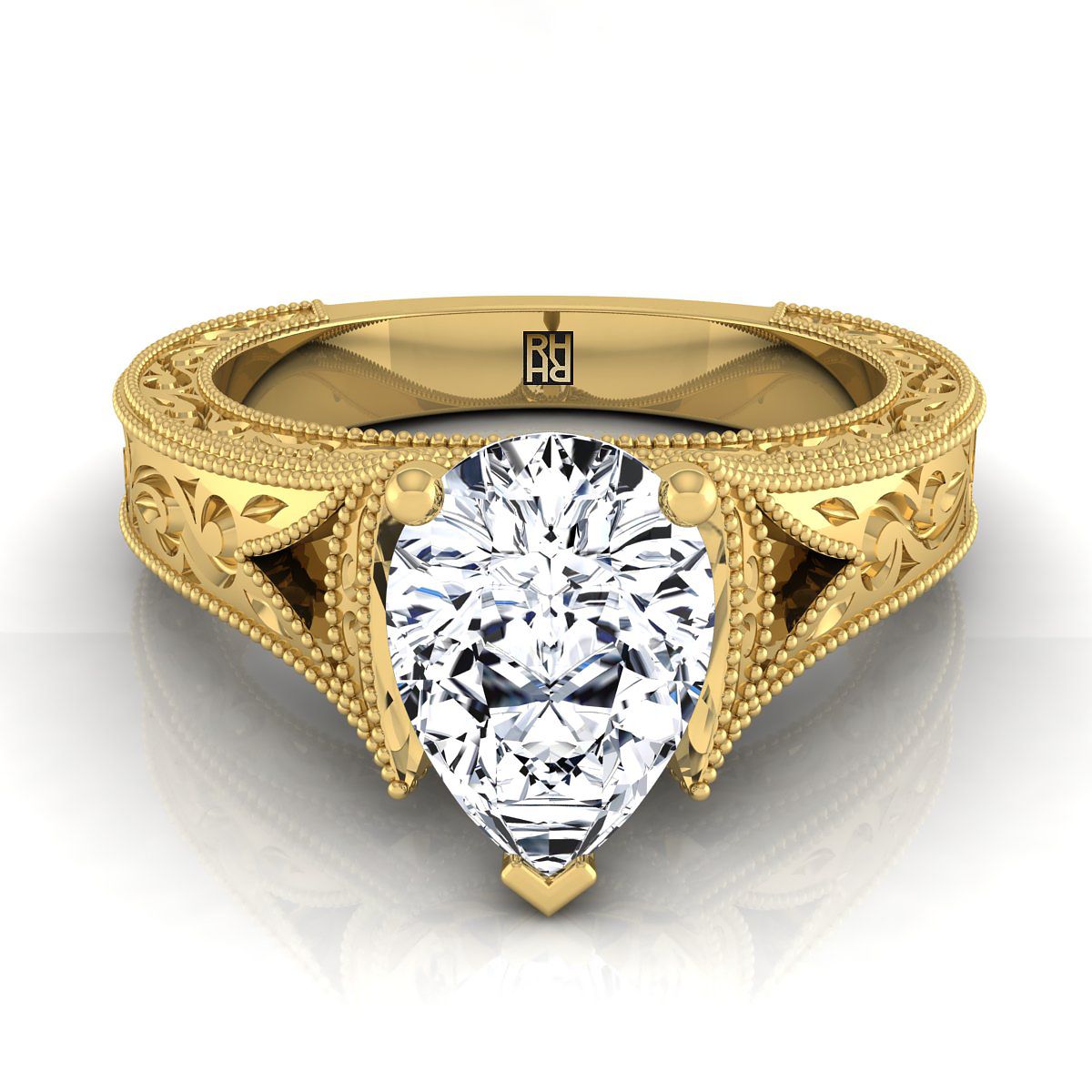 Hand-Engraved Milgrain Vintage Solitaire Pear Shape, in 18K Yellow Gold, prong setting | RockHer