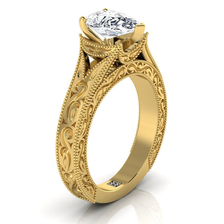 14K Yellow Gold Pear Shape Center  Hand Engraved and Milgrain Vintage Solitaire Engagement Ring