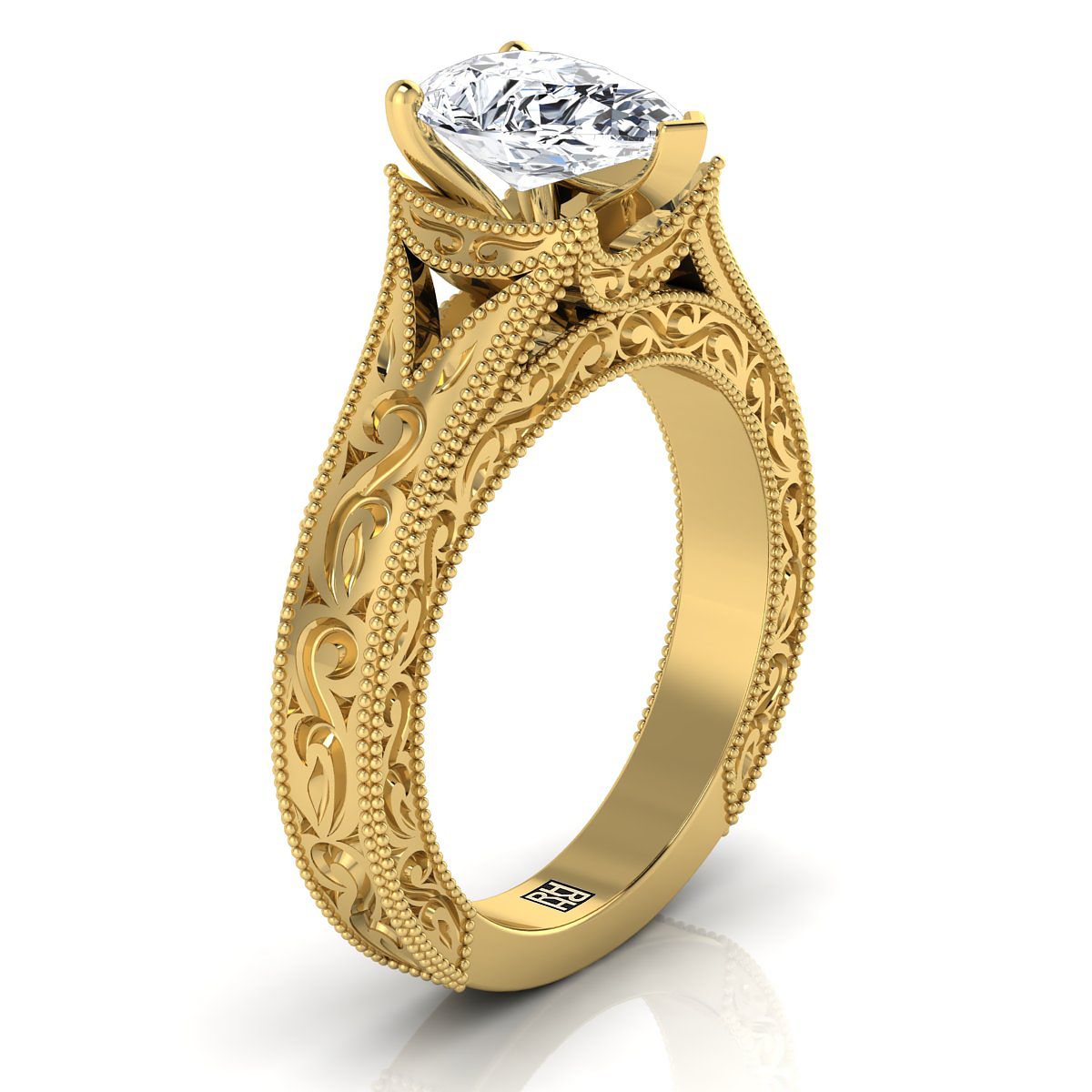 Hand-Engraved Milgrain Vintage Solitaire Pear Shape, in 18K Yellow Gold, prong setting – side profile | RockHer
