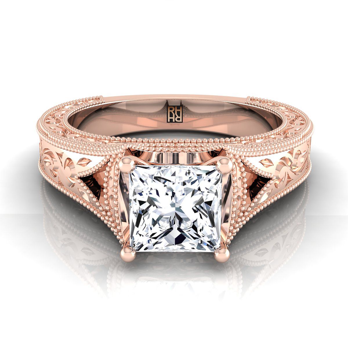 Hand-Engraved Milgrain Vintage Solitaire Princess, in 14K Rose Gold, prong setting | RockHer
