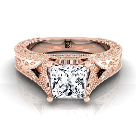 Hand-Engraved Milgrain Vintage Solitaire Princess, in 14K Rose Gold, prong setting | RockHer