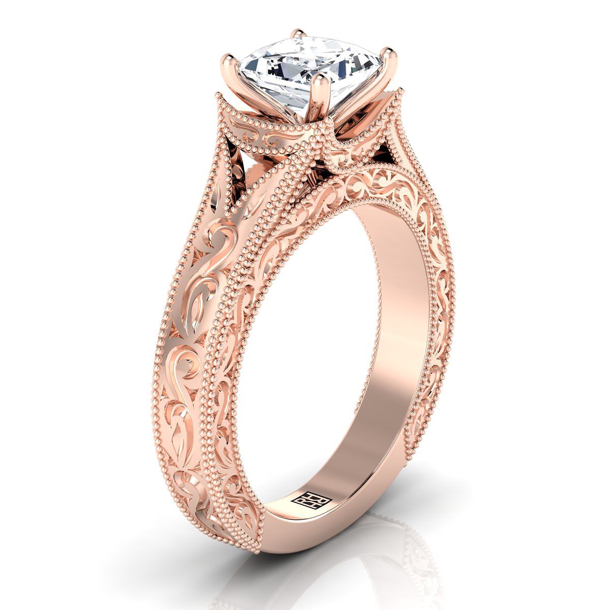 Hand-Engraved Milgrain Vintage Solitaire Princess, in 14K Rose Gold, prong setting – side profile | RockHer