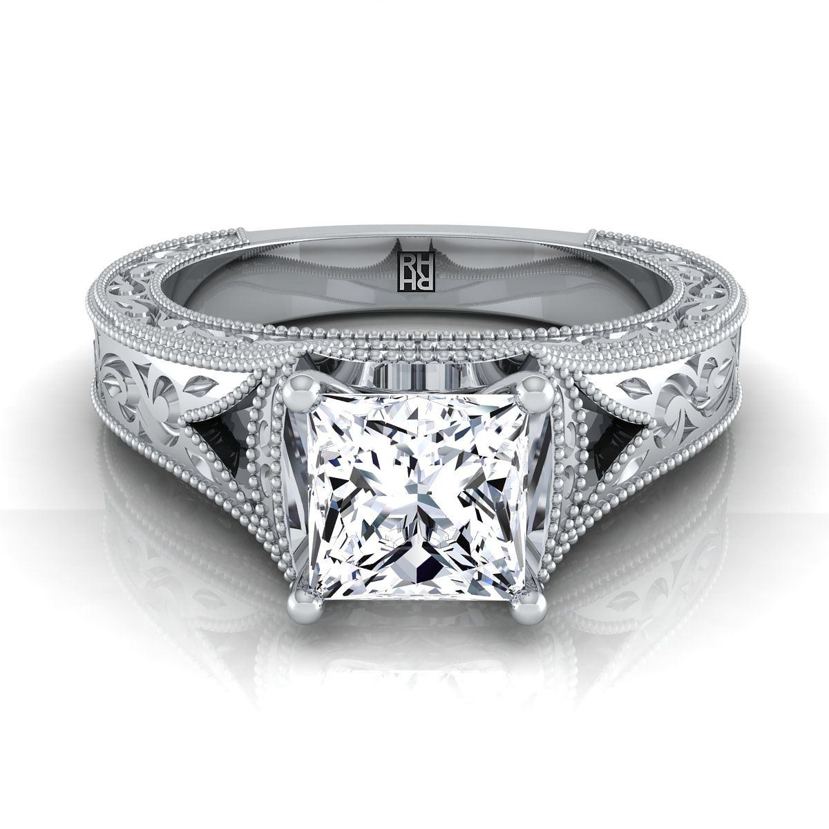 Hand-Engraved Milgrain Vintage Solitaire Princess, in 18K White Gold, prong setting | RockHer