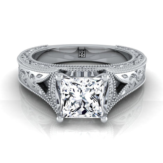 Hand-Engraved Milgrain Vintage Solitaire Princess, in 18K White Gold, prong setting | RockHer