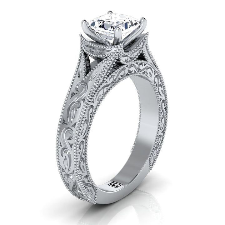 Hand-Engraved Milgrain Vintage Solitaire Princess, in 18K White Gold, prong setting – side profile | RockHer