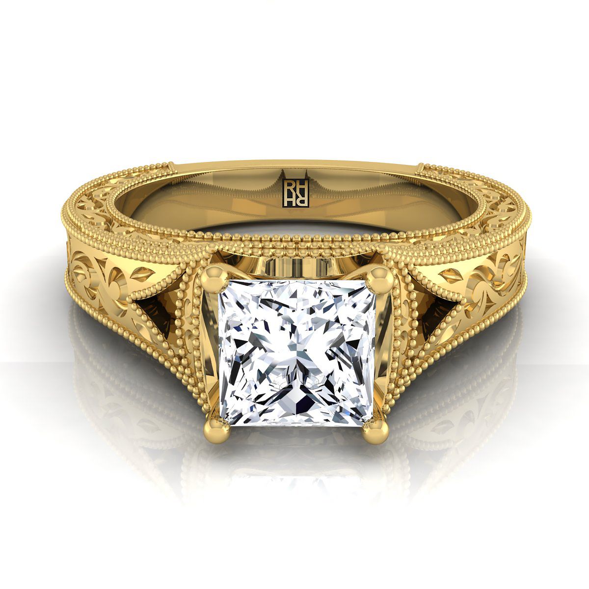 Hand-Engraved Milgrain Vintage Solitaire Princess, in 18K Yellow Gold, prong setting | RockHer