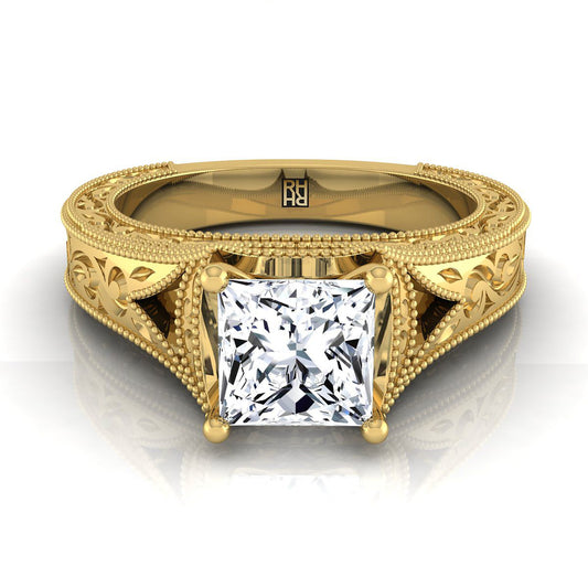 Hand-Engraved Milgrain Vintage Solitaire Princess, in 18K Yellow Gold, prong setting | RockHer