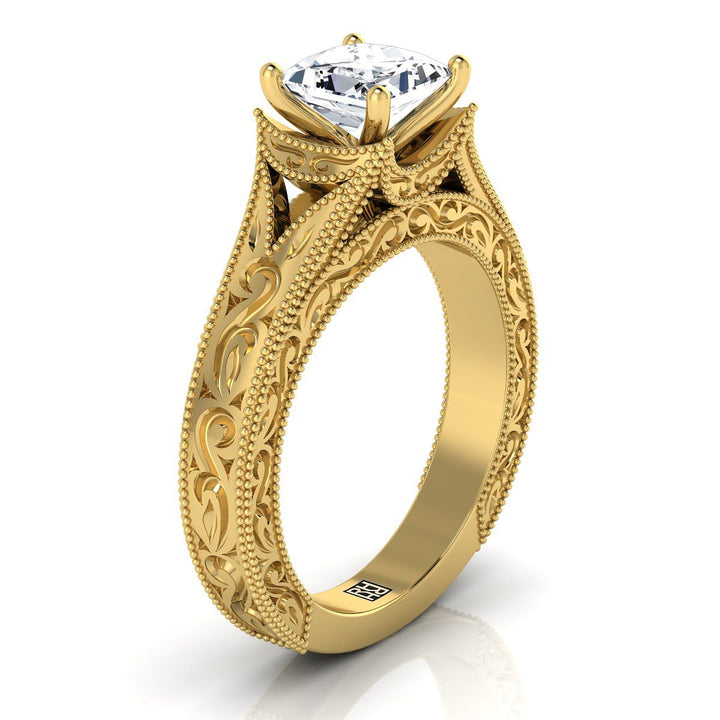 Hand-Engraved Milgrain Vintage Solitaire Princess, in 18K Yellow Gold, prong setting – side profile | RockHer