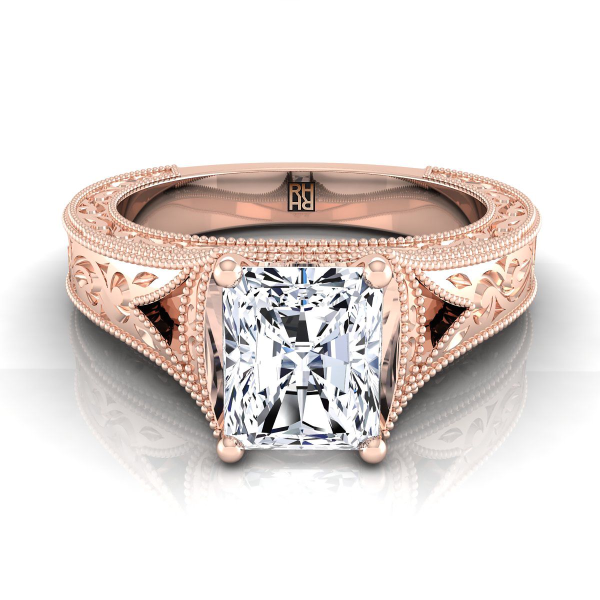 Hand-Engraved Milgrain Vintage Solitaire Radiant, in 14K Rose Gold, prong setting | RockHer