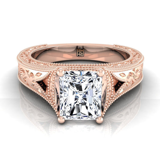 Hand-Engraved Milgrain Vintage Solitaire Radiant, in 14K Rose Gold, prong setting | RockHer