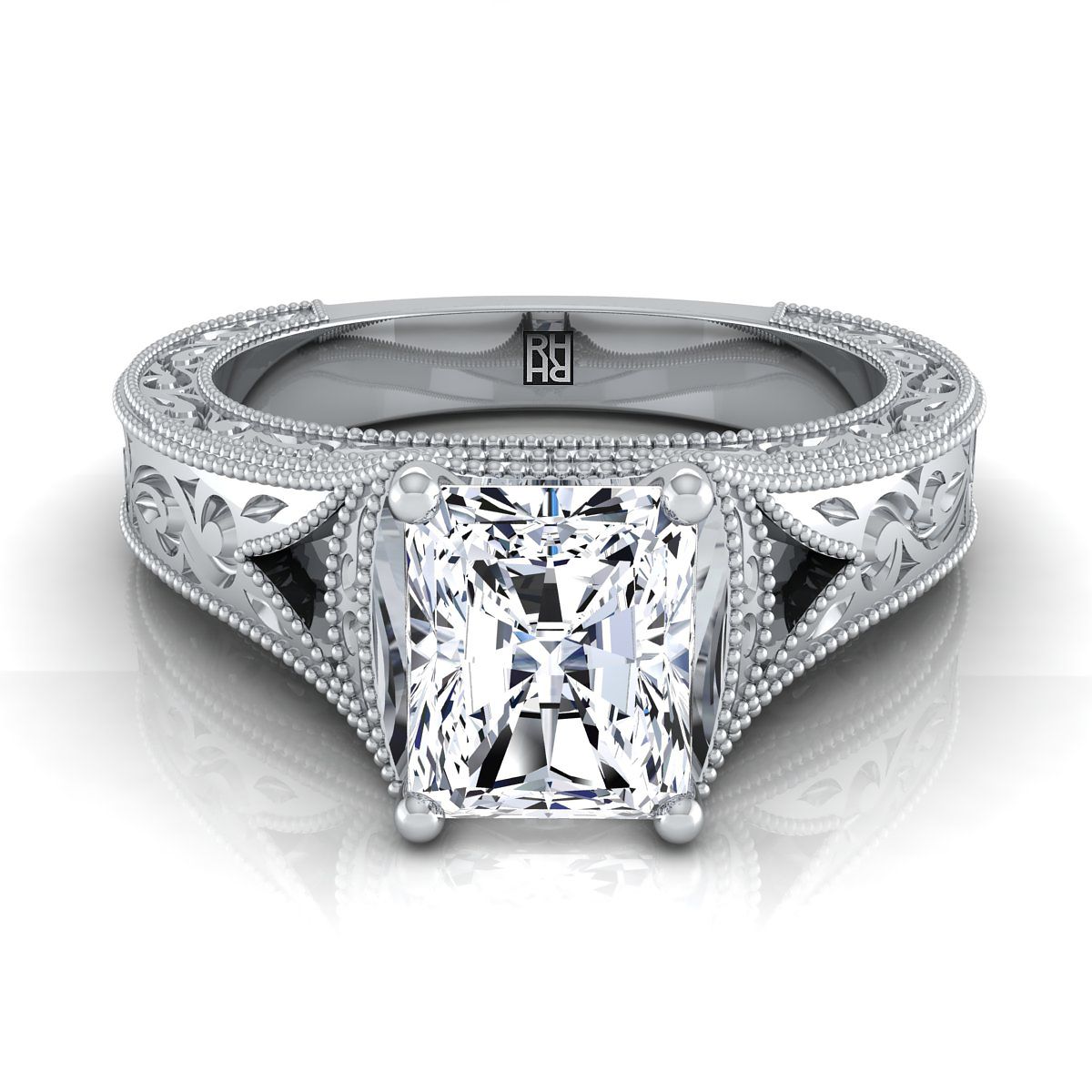 Hand-Engraved Milgrain Vintage Solitaire Radiant, in 18K White Gold, prong setting | RockHer