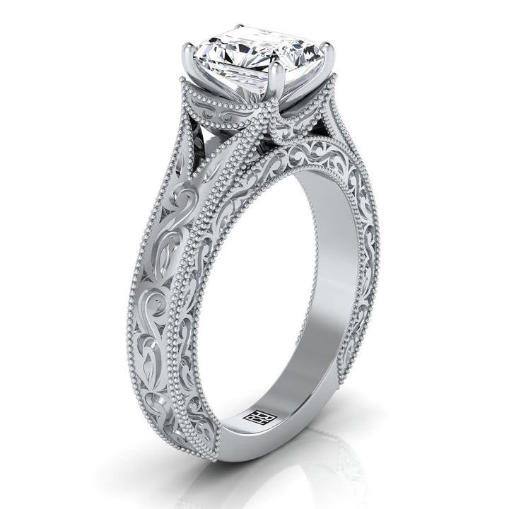 แหวนหมั้นโซลิแทร์วินเทจทองคำขาว 18K เจียระไนแบบเรเดียนต์ตรงกลาง สลักมือและมีมิลเกรน