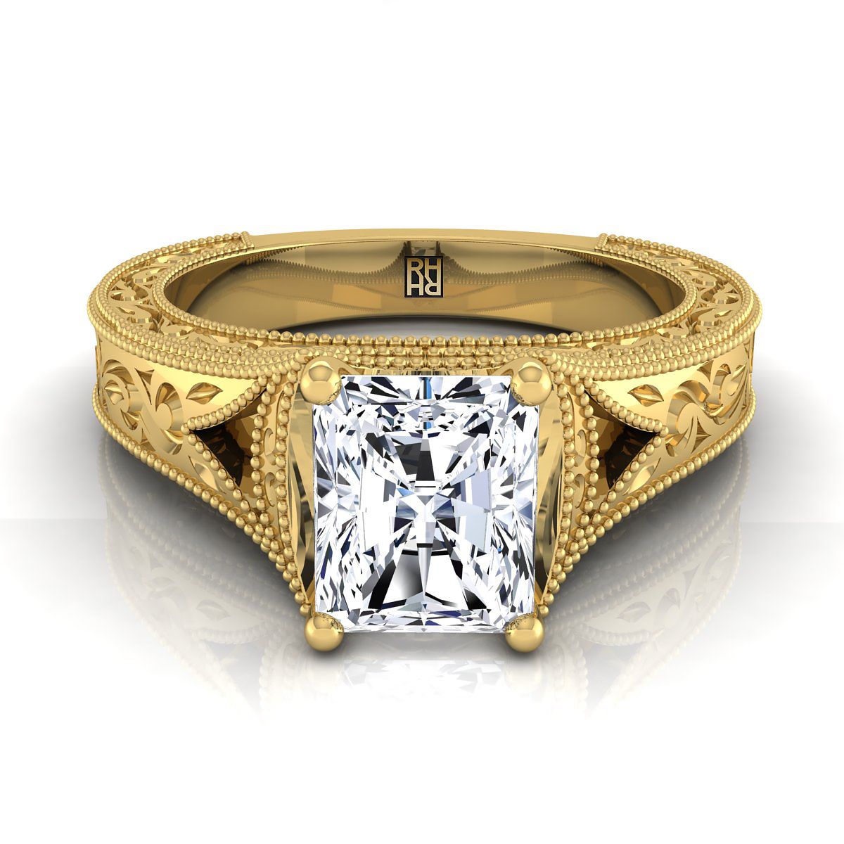 Hand-Engraved Milgrain Vintage Solitaire Radiant, in 18K Yellow Gold, prong setting | RockHer