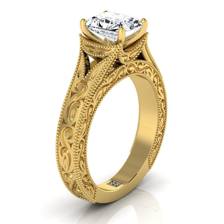 Hand-Engraved Milgrain Vintage Solitaire Radiant, in 18K Yellow Gold, prong setting – side profile | RockHer