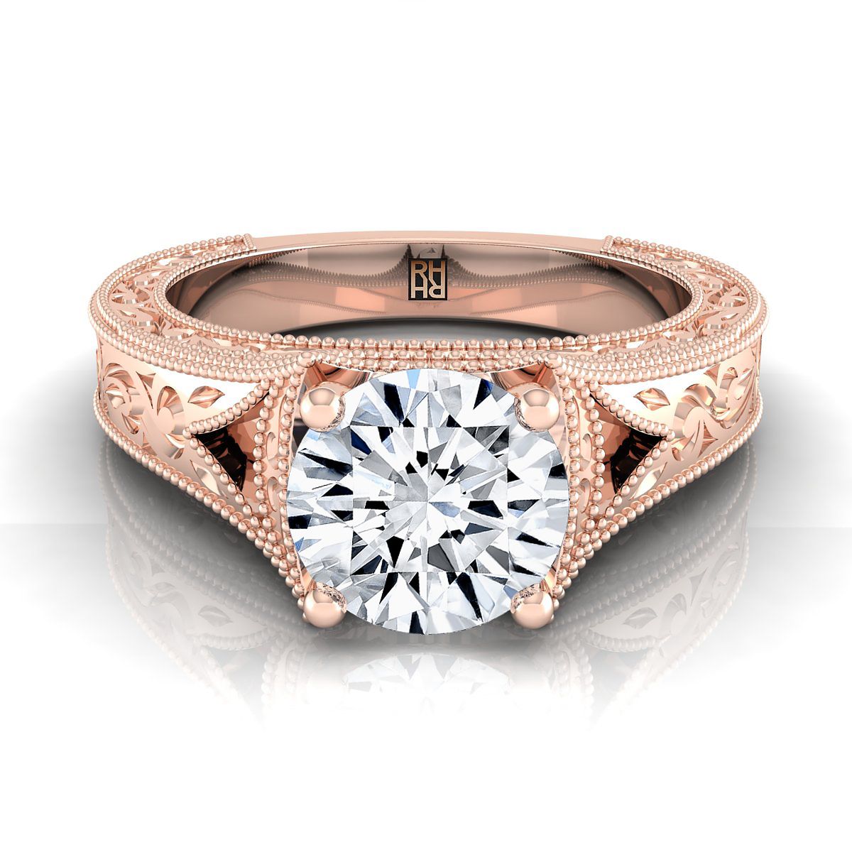 Round Brilliant, Hand-Engraved Milgrain Vintage Solitaire, in 14K Rose Gold, prong setting | RockHer