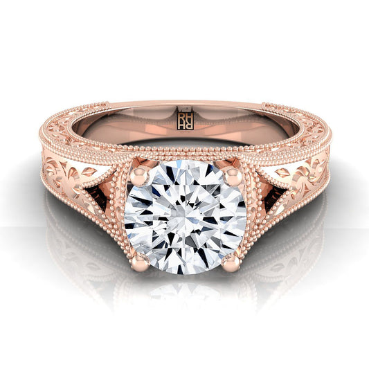 Round Brilliant, Hand-Engraved Milgrain Vintage Solitaire, in 14K Rose Gold, prong setting | RockHer