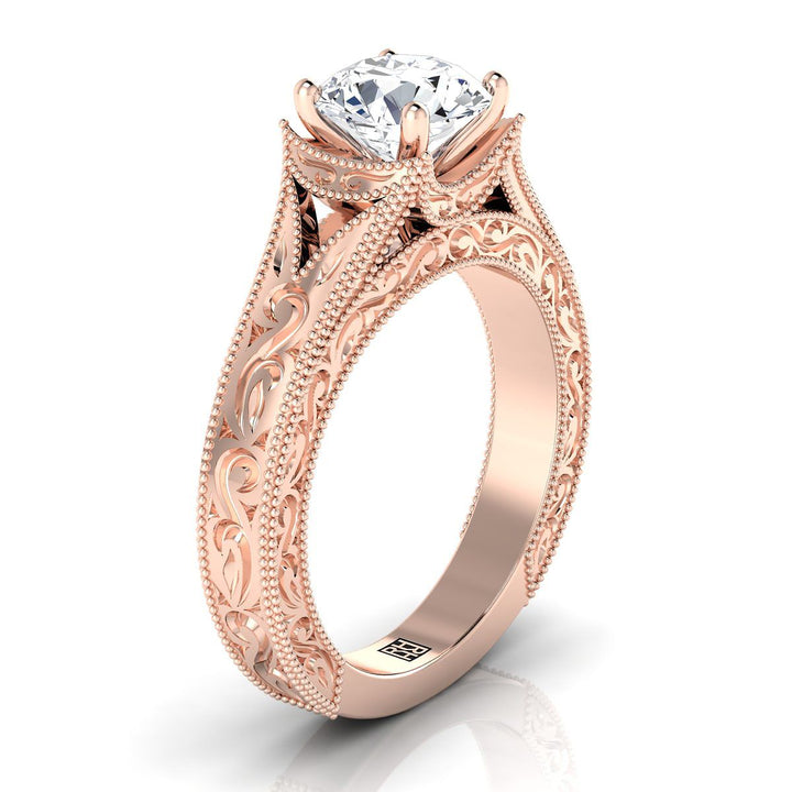 แหวนหมั้นเดี่ยววินเทจทองกุหลาบ 14K ทรงกลมเจียระไนแบบ Brilliant สลักมือและมีลายเม็ดมิลเกรน