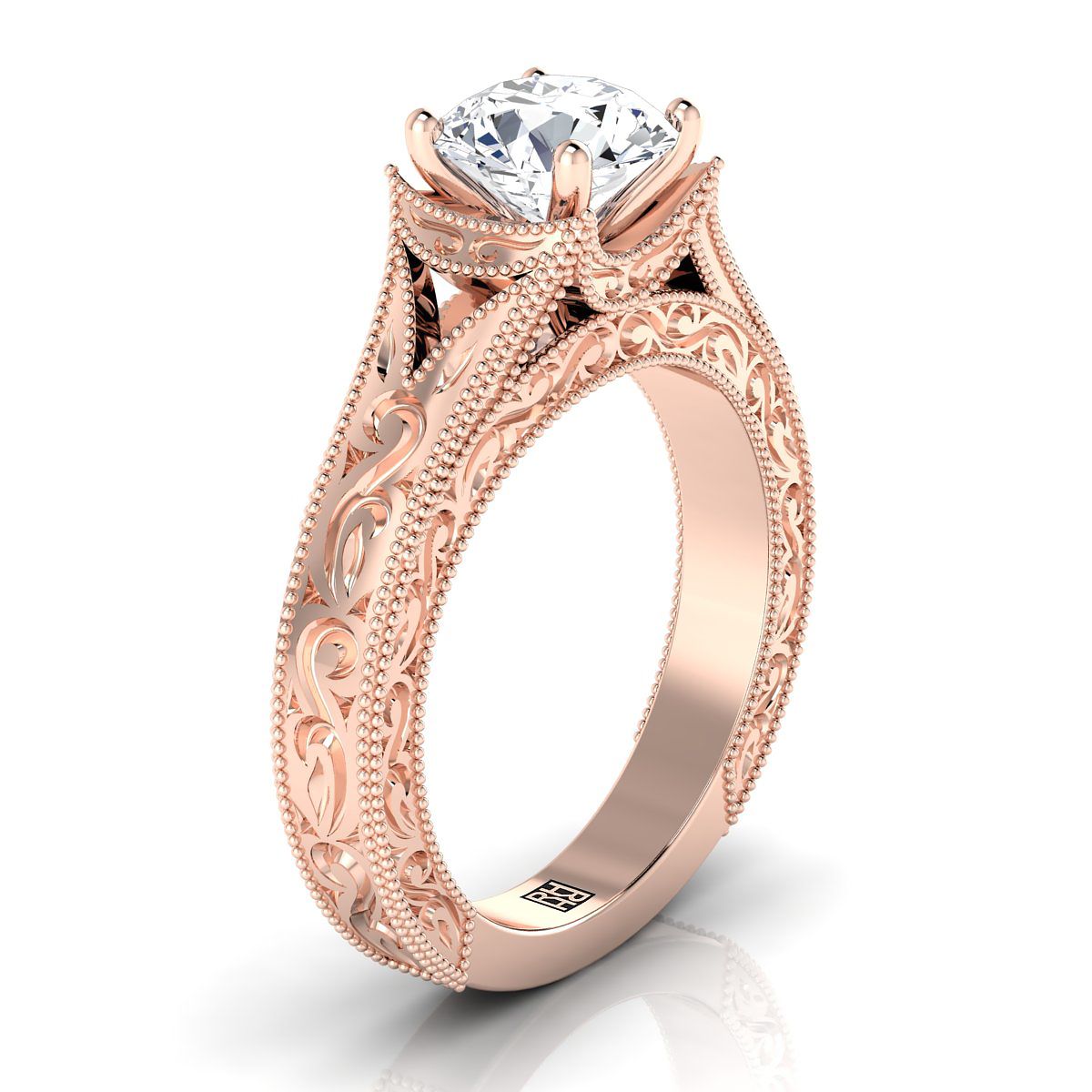 Round Brilliant, Hand-Engraved Milgrain Vintage Solitaire, in 14K Rose Gold, prong setting – side profile | RockHer