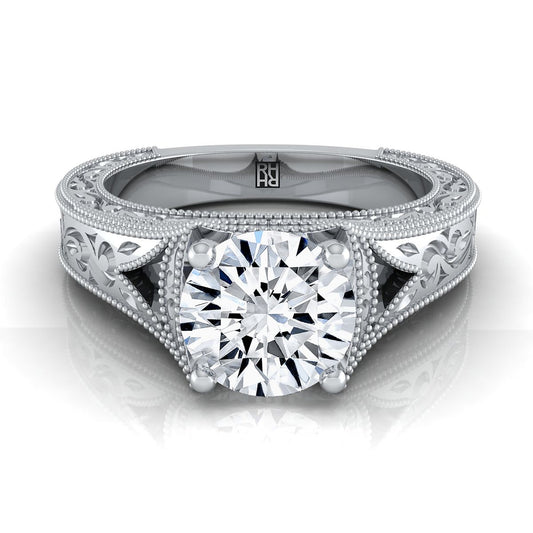 Round Brilliant, Hand-Engraved Milgrain Vintage Solitaire, in Platinum, prong setting | RockHer