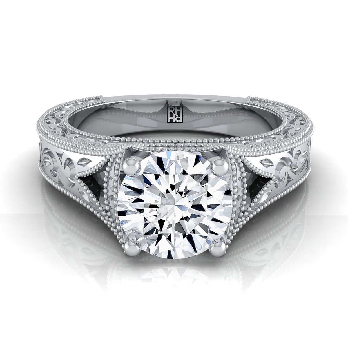 Round Brilliant, Hand-Engraved Milgrain Vintage Solitaire, in 18K White Gold, prong setting | RockHer