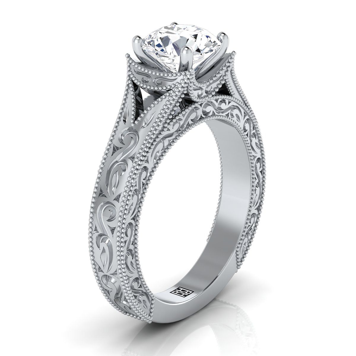 14K White Gold Round Brilliant  Hand Engraved and Milgrain Vintage Solitaire Engagement Ring