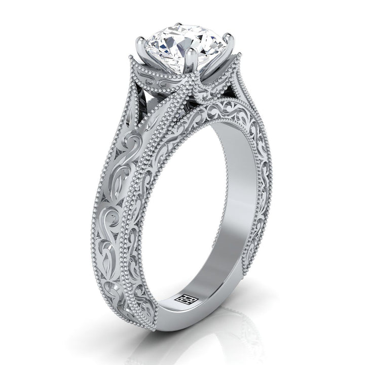 14K White Gold Round Brilliant  Hand Engraved and Milgrain Vintage Solitaire Engagement Ring