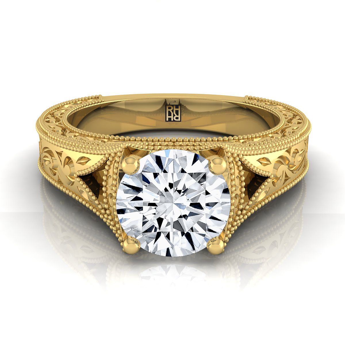 Round Brilliant, Hand-Engraved Milgrain Vintage Solitaire, in 18K Yellow Gold, prong setting | RockHer