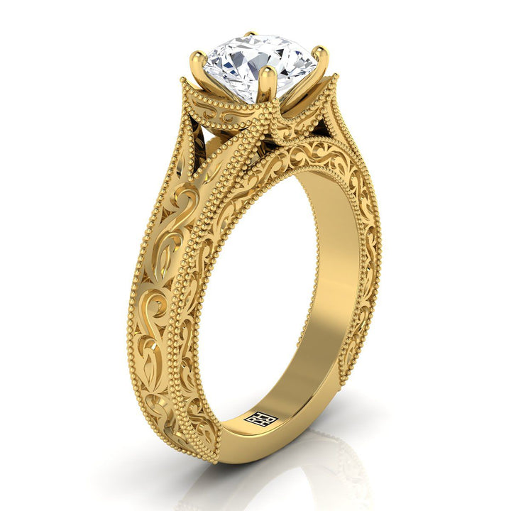 Round Brilliant, Hand-Engraved Milgrain Vintage Solitaire, in 18K Yellow Gold, prong setting – side profile | RockHer
