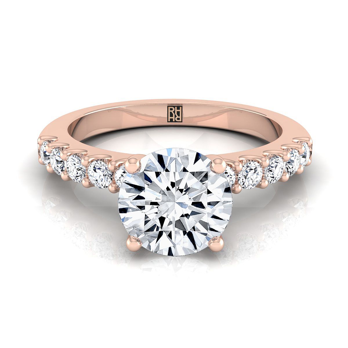 Round Brilliant, Classic Shared Prong Linear Pavé, in 14K Rose Gold – view 8 | RockHer