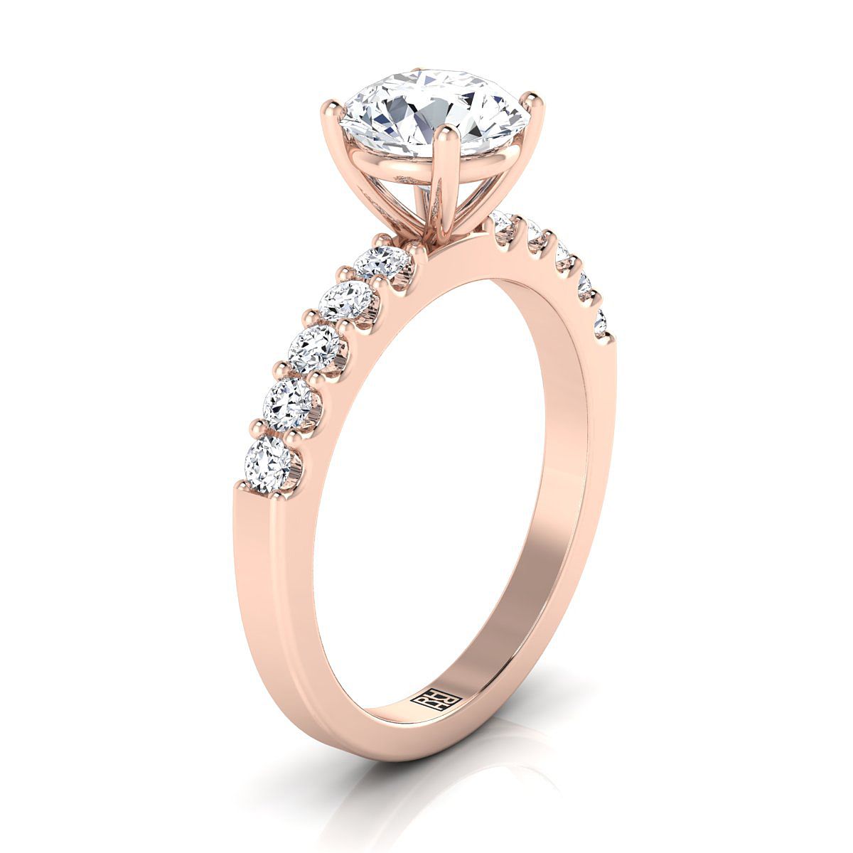 Round Brilliant, Classic Shared Prong Linear Pavé, in 14K Rose Gold – view 9 | RockHer