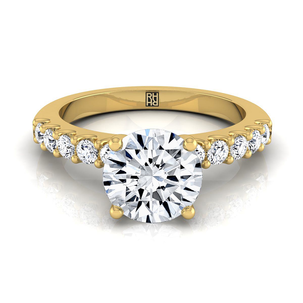 14K Yellow Gold Round Brilliant Simple Linear Diamond Pave Engagement Ring