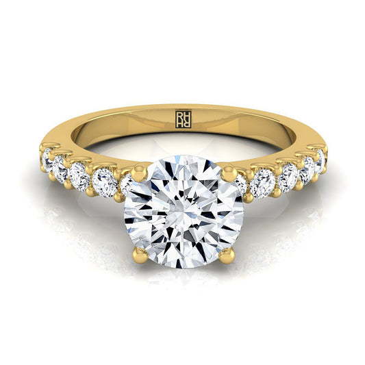 14K Yellow Gold Round Brilliant Simple Linear Diamond Pave Engagement Ring