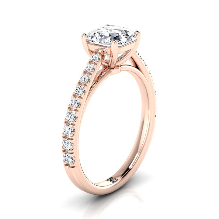Cathedral French Pavé Solitaire Asscher, in 14K Rose Gold, pave setting – side profile | RockHer