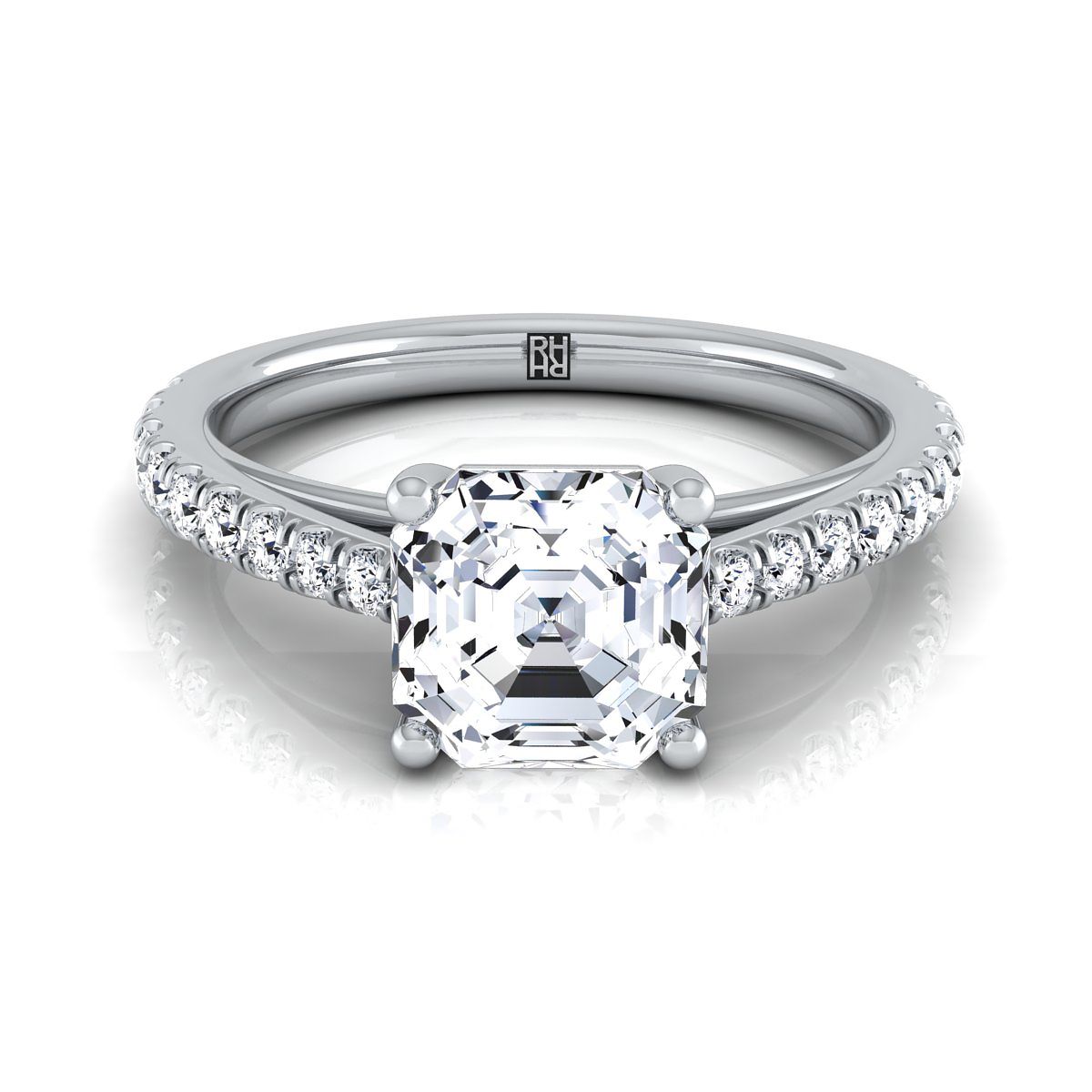 Cathedral French Pavé Solitaire Asscher, in Platinum, pave setting | RockHer