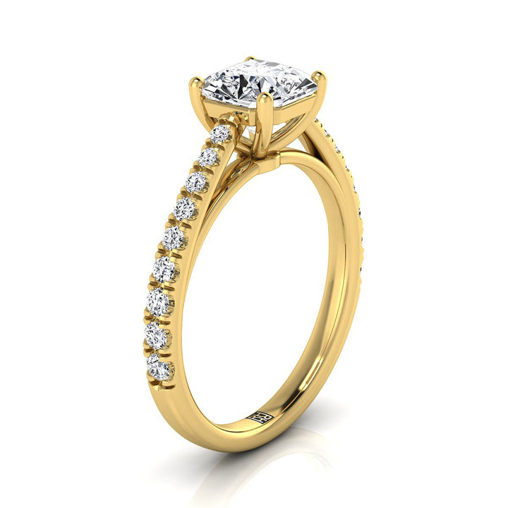 Cathedral French Pavé Solitaire Asscher, in 18K Yellow Gold, pave setting – side profile | RockHer