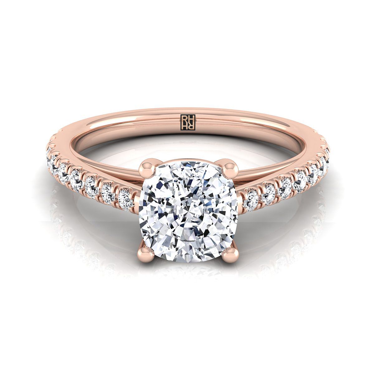 Cathedral French Pavé Solitaire Cushion, in 14K Rose Gold, pave setting | RockHer