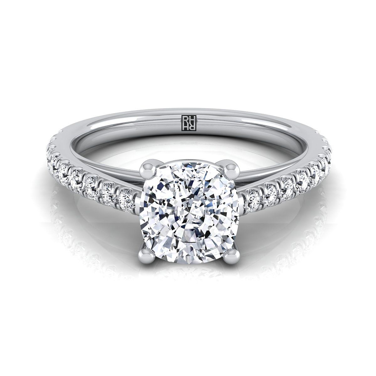 Cathedral French Pavé Solitaire Cushion, in 18K White Gold, pave setting | RockHer