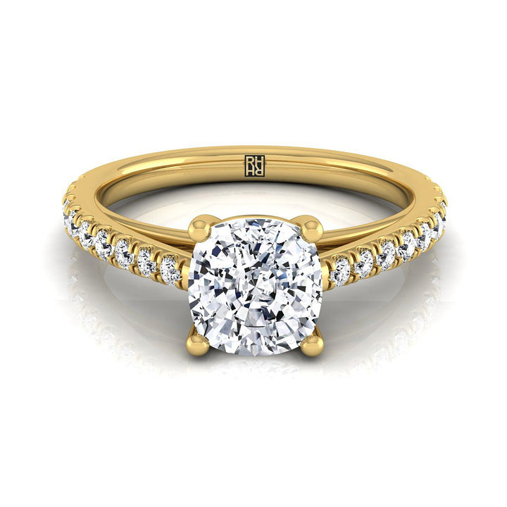 Cathedral French Pavé Solitaire Cushion, in 18K Yellow Gold, pave setting | RockHer