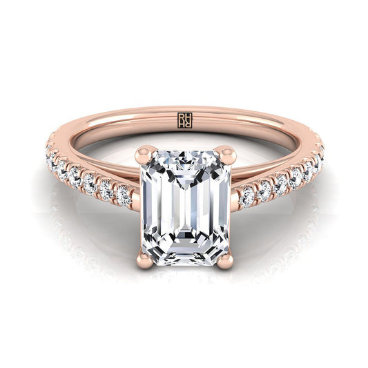 European Cut, Cathedral French Pavé Solitaire Emerald, in 14K Rose Gold, pave setting | RockHer