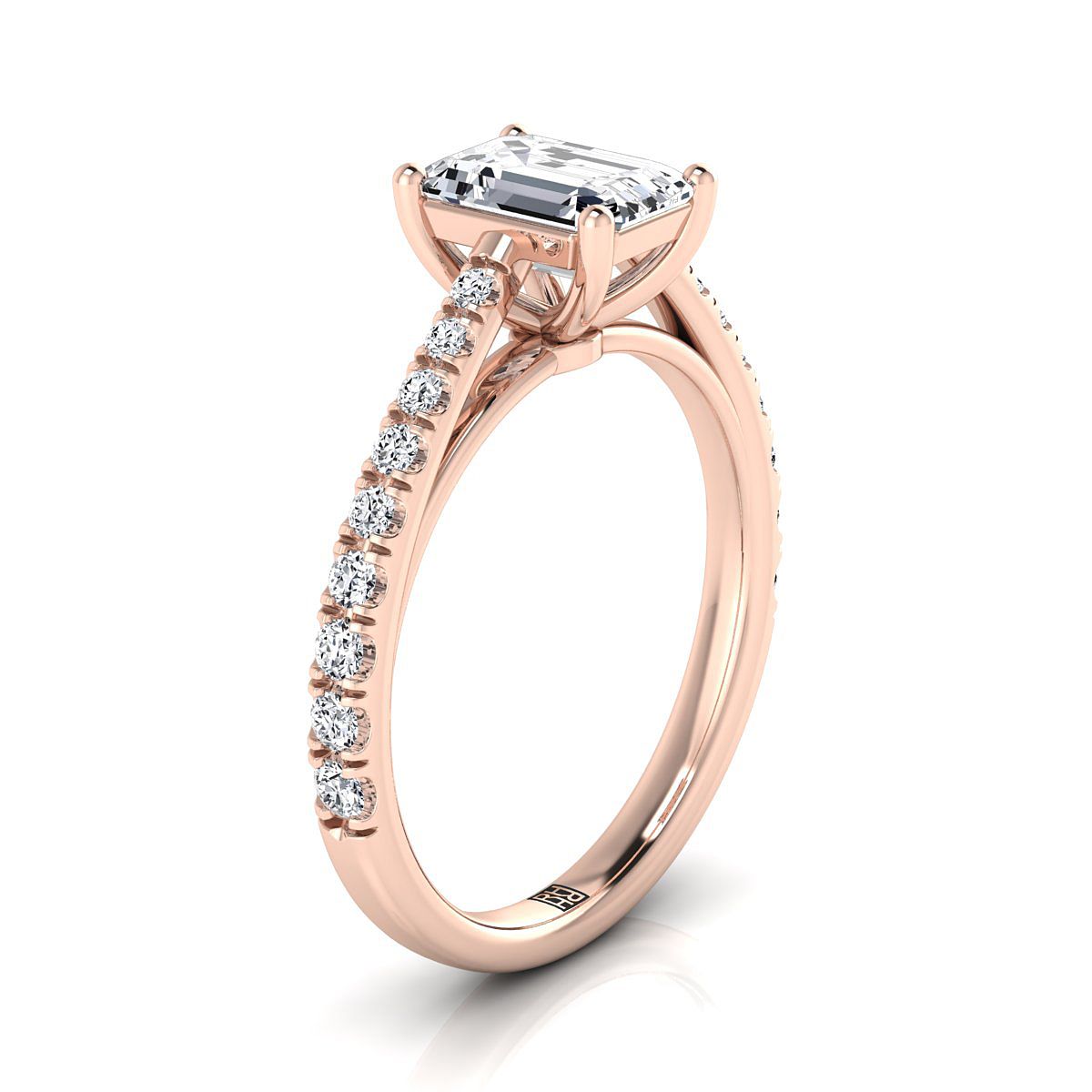 European Cut, Cathedral French Pavé Solitaire Emerald, in 14K Rose Gold, pave setting – side profile | RockHer