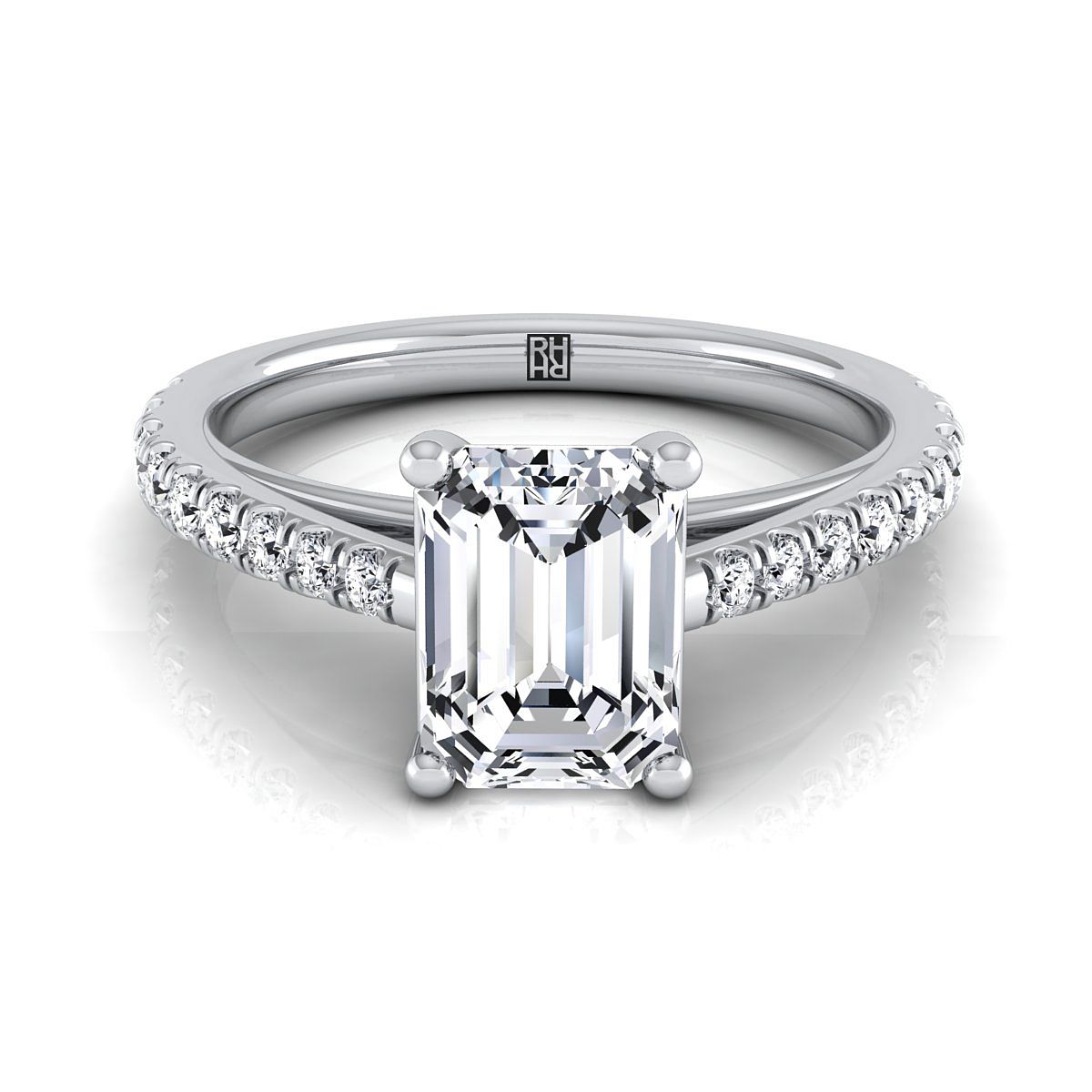 European Cut, Cathedral French Pavé Solitaire Emerald, in Platinum, pave setting | RockHer