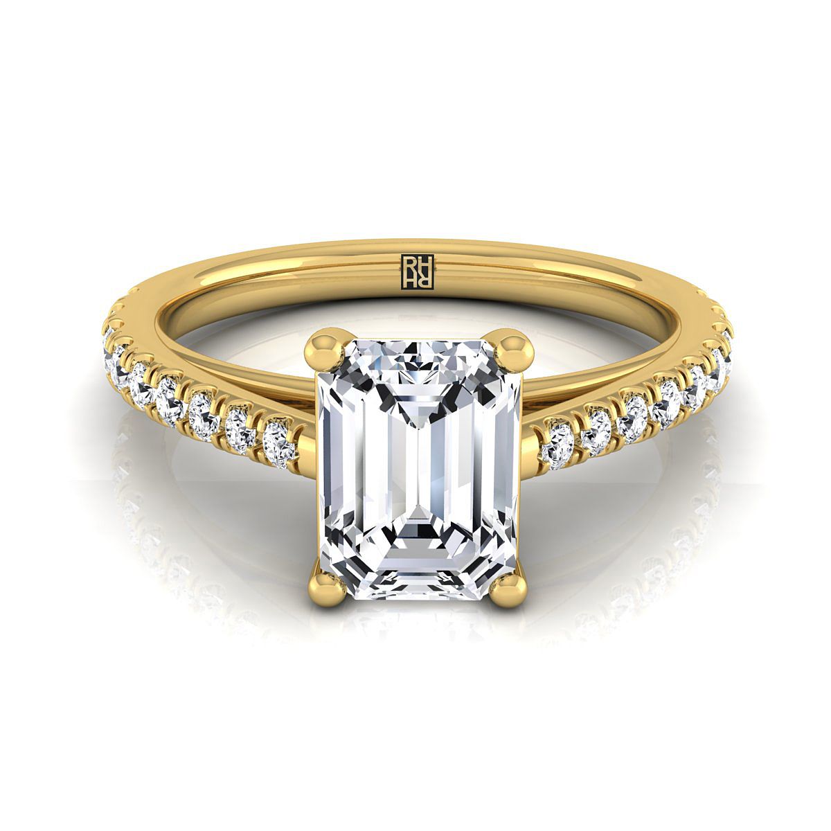 European Cut, Cathedral French Pavé Solitaire Emerald, in 18K Yellow Gold, pave setting | RockHer