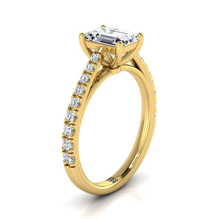 European Cut, Cathedral French Pavé Solitaire Emerald, in 18K Yellow Gold, pave setting – side profile | RockHer