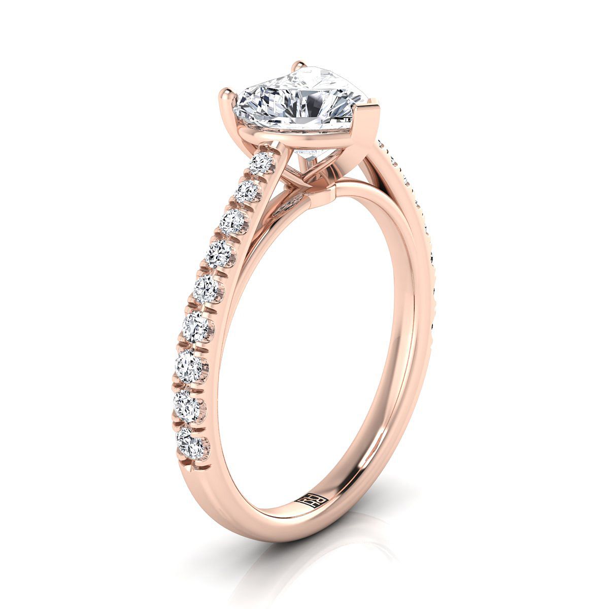 Cathedral French Pavé Solitaire Heart Shape, in 14K Rose Gold, pave setting – side profile | RockHer