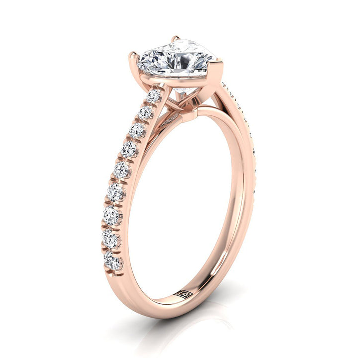 Cathedral French Pavé Solitaire Heart Shape, in 14K Rose Gold, pave setting – side profile | RockHer