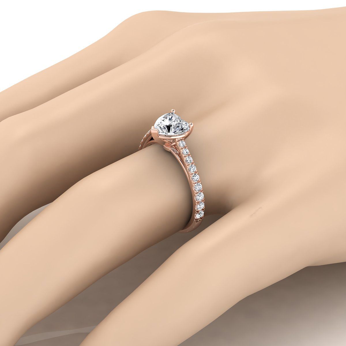 Cathedral French Pavé Solitaire Heart Shape, in 14K Rose Gold, pave setting – detail view | RockHer