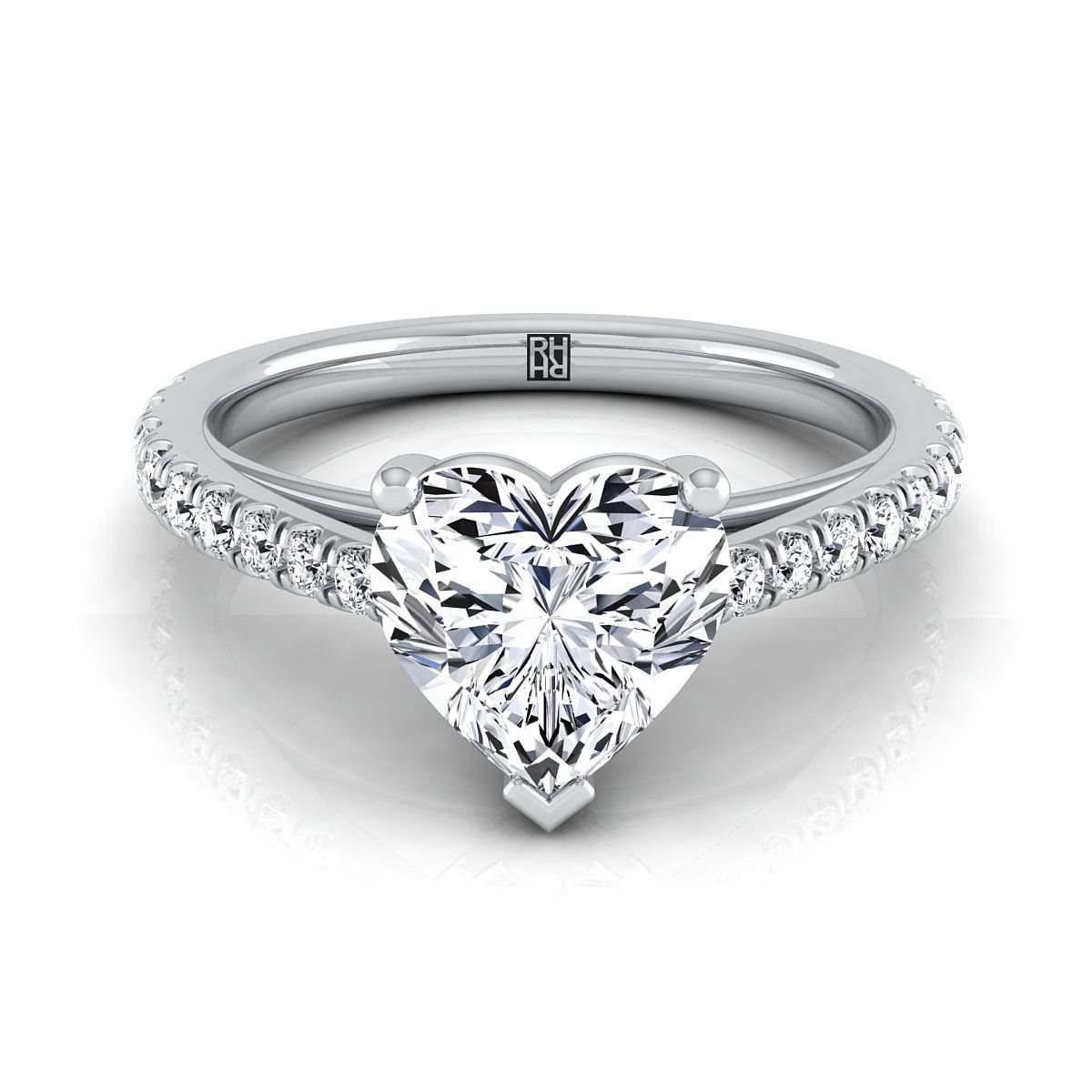 Cathedral French Pavé Solitaire Heart Shape, in Platinum, pave setting | RockHer