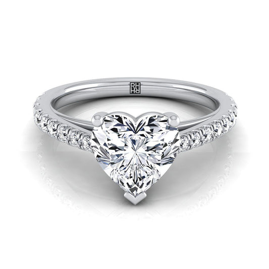 Cathedral French Pavé Solitaire Heart Shape Engagement Ring Setting in 18K White Gold